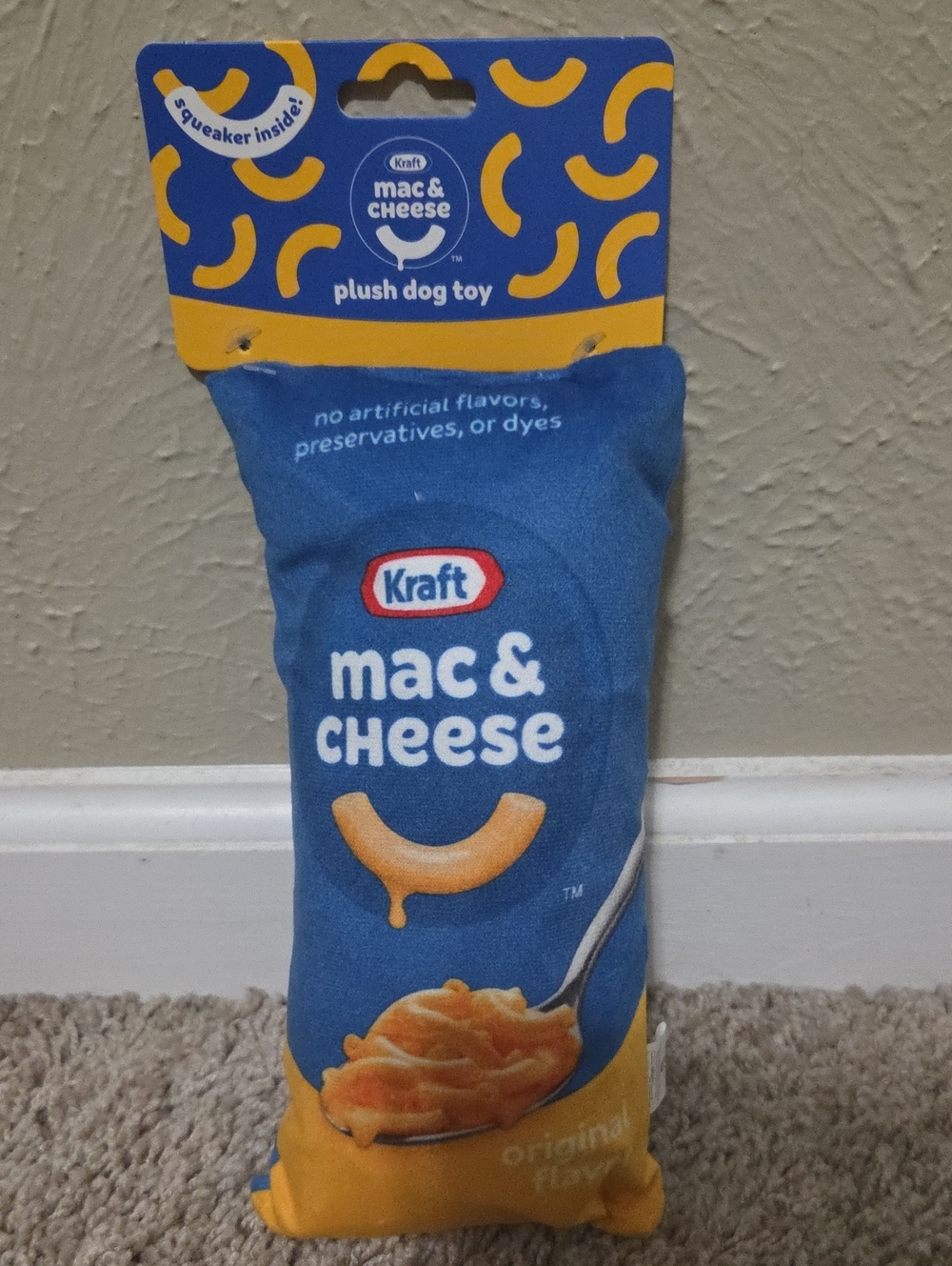 Mac & Cheese Plush Dog Toy - Blue/Yellow